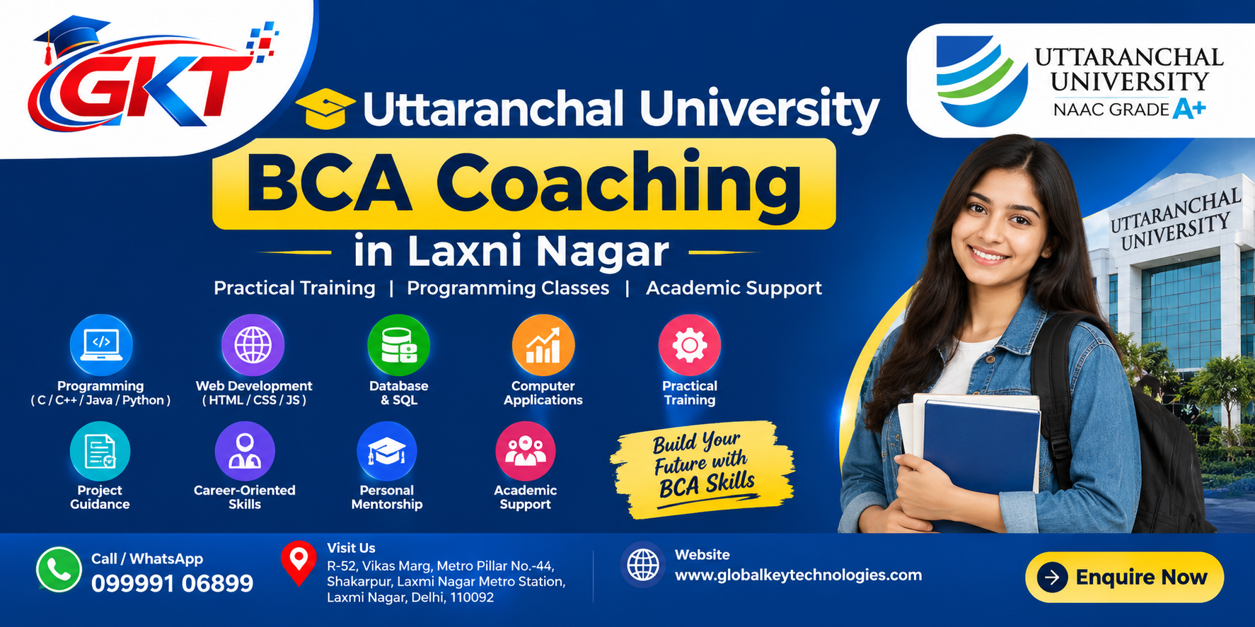 Uttaranchal University BCA Coaching in Laxmi Nagar at Global Key Technologies with programming classes, practical training and academic support.