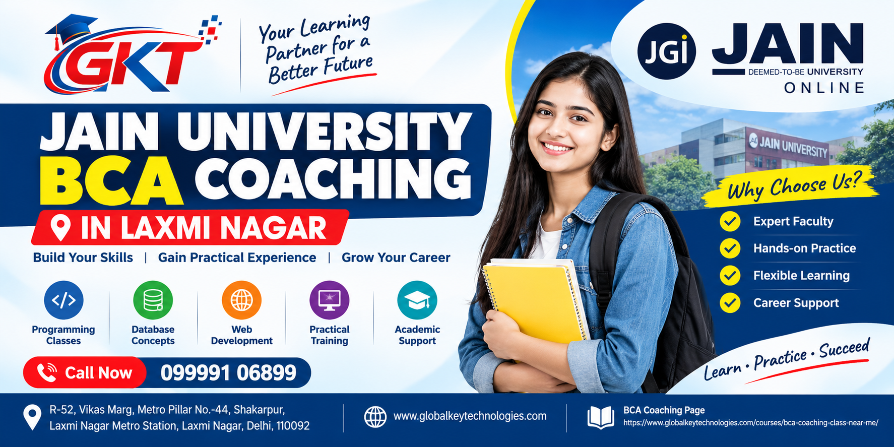 JAIN University BCA Coaching in Laxmi Nagar at Global Key Technologies featuring programming classes and practical training.