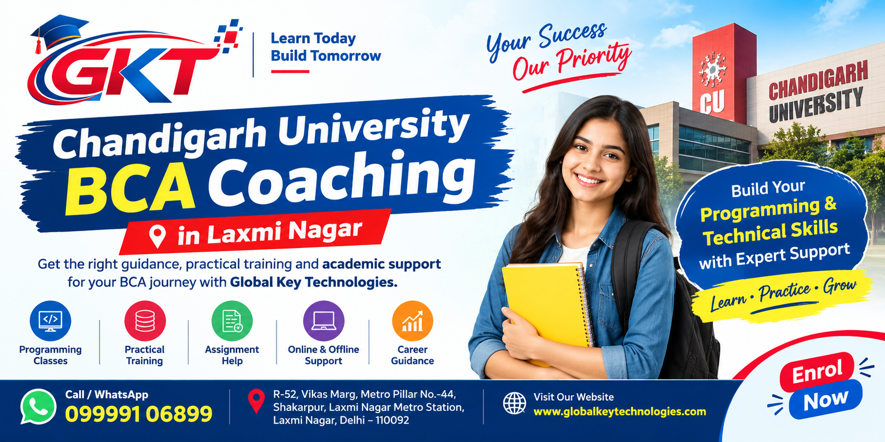 Chandigarh University BCA Coaching in Laxmi Nagar at Global Key Technologies for programming classes, practical training and assignment guidance.