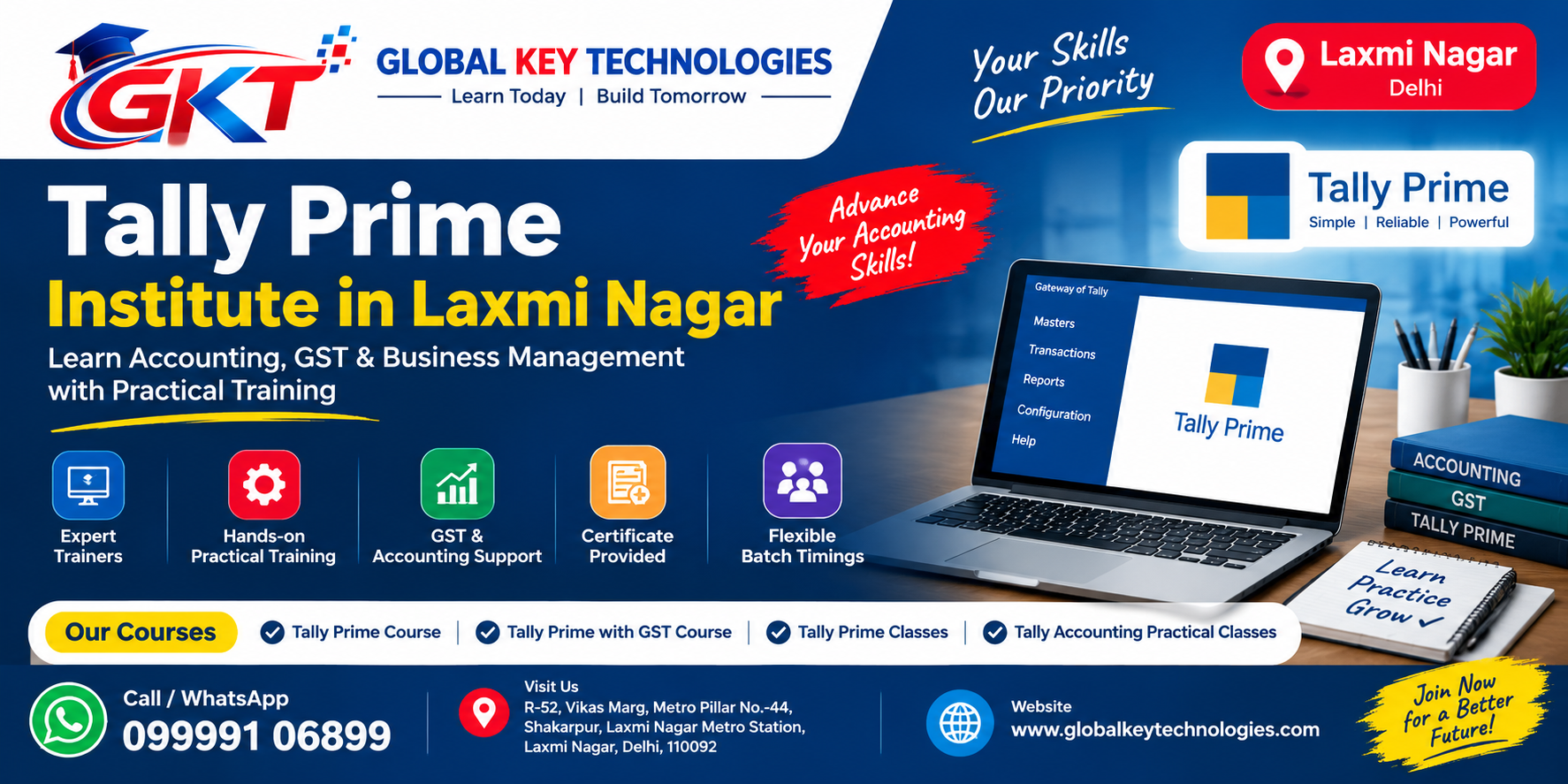 Tally Prime Institute in Laxmi Nagar offering practical accounting and GST training at Global Key Technologies